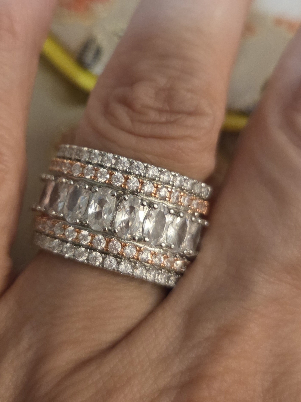 Multi-Row Crystal Statement Ring in Silver and Rose Gold Sz 6
